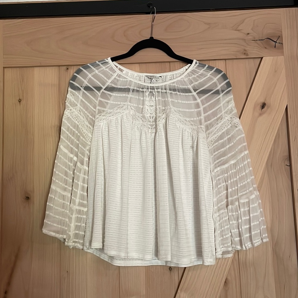 Lucky Brand cream long sleeve top with sheer sleeve/neck detail.